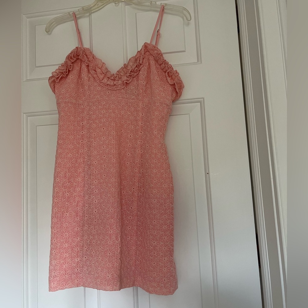 Pink, flower print mini dress with adorable ruffles